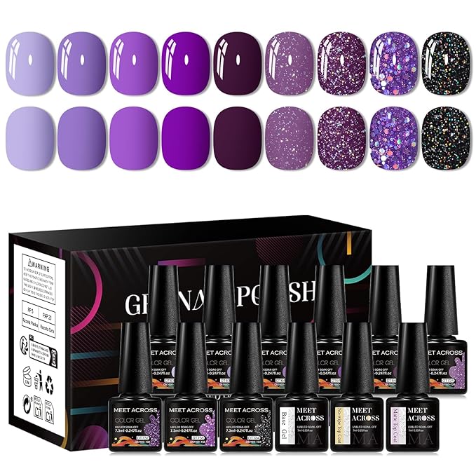 MEET ACROSS 9 Colors Gel Nail Polish + 3PCS Function Gel Nail Polish Kit,Fashion Nail Art Set Design Gifts for Women Manicure Salon (SET21, 12pcs)