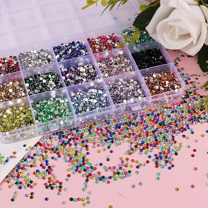 15000Pcs Flatback Rhinestones for Crafts, 3mm Mixed Color Crystals Rhinestone, Resin Glitter Gems Nail Diamonds Rhinestones for Clothes Accessories DIY