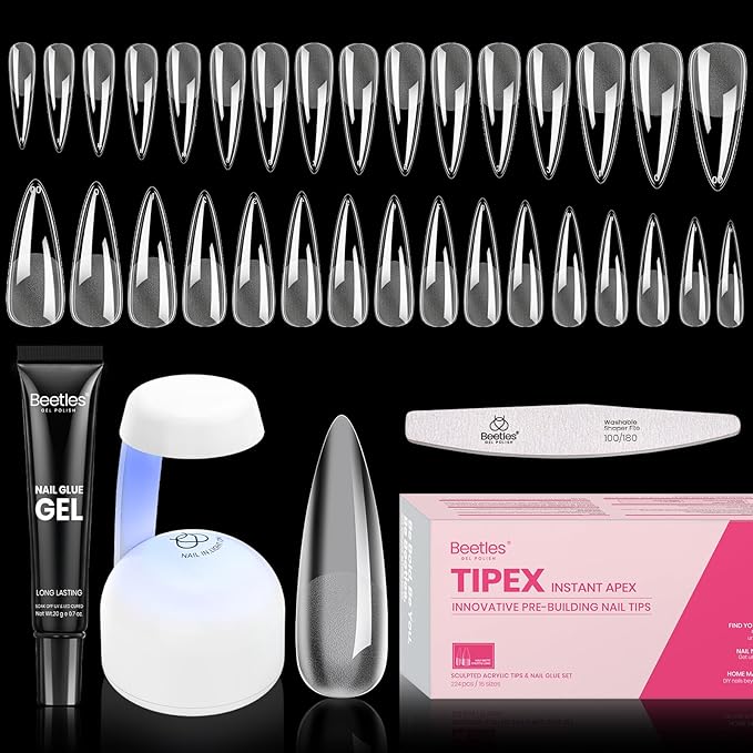 Beetles Tipex Nail Tips Kit Stiletto Long, 224Pcs 16 Sizes,Pre-building Pre-Etched Strong Thicker Acrylic Tips with Mini U V Lamp Tipex Nail Glue