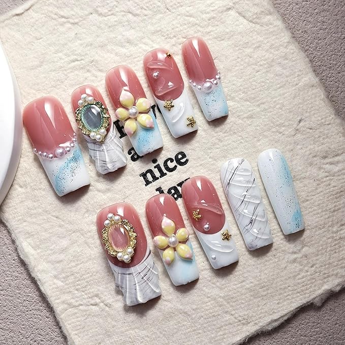 Handmade Acrylic Press On Nails Long Square Fake Nails with 3D Flower and Pearl Designs White French Tip False Nails Luxury Reusable Stick on Nail for Women 10Pcs (Size M)
