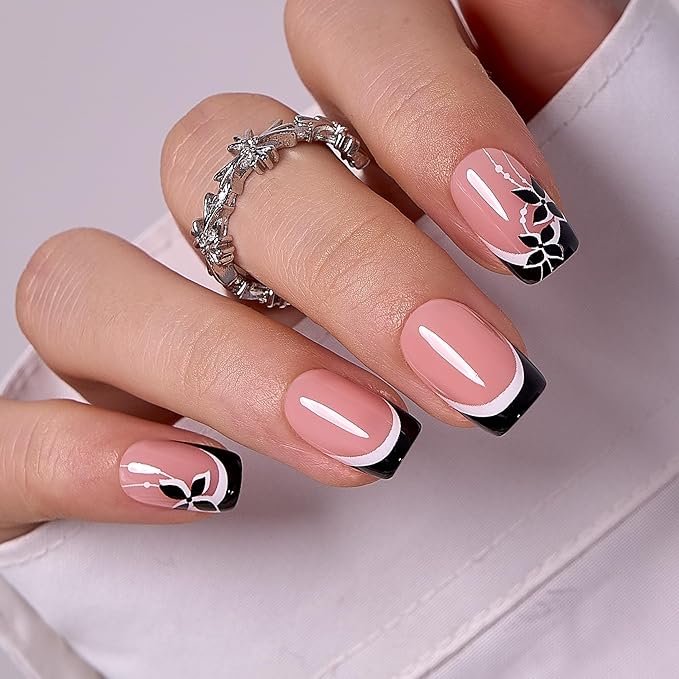 CurvLife Gel French Tip Press-On Nails, Acrylic, Full Cover, 15 Nail Sizes, Black French, 1 Set, 0.68 Ounce