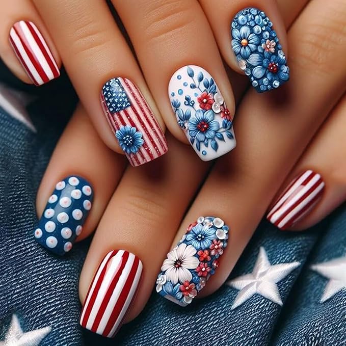 4th of July Press On Nails Medium Square 24 Pcs Acrylic Nails with Floral Red White Stripes Designs Glossy Glue on Nails for Women Girls