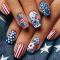 4th of July Press On Nails Medium Square 24 Pcs Acrylic Nails with Floral Red White Stripes Designs Glossy Glue on Nails for Women Girls