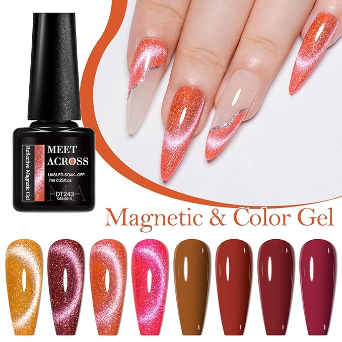 MEET ACROSS 8pcs Gel Nail Polish Set, Soak off UV LED Lamp Gel Nail Polish Cat Eye Set Home Gel Manicure Kit 7ml (Cat Eye + color Gel-2)