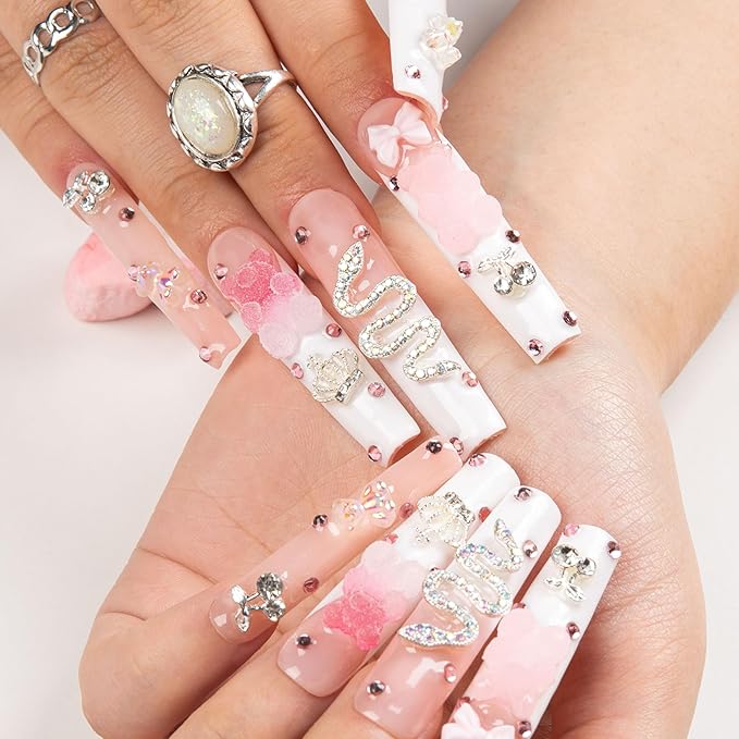 LOVFUL Press on Nails Marshmallo Gummy Bear Square | Luxury Diamond Pink Cotton Candy Nails| Pink Nails | Square Long 2.2 in | H26 (L)
