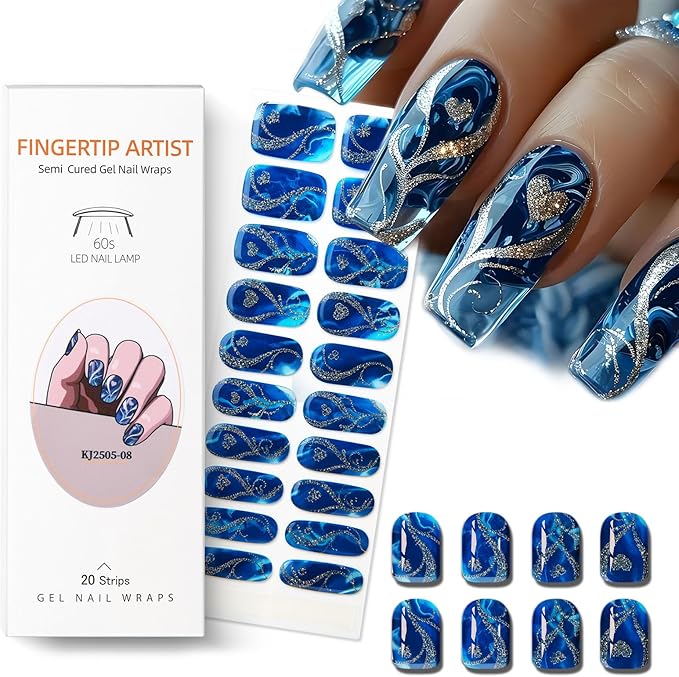 Semi Cured Gel Nail Strips,Blue Glass Nails Stickers with High Gloss and Glitter Design for Women,60S UV Light Curing Manicure,Long Lasting, Arts at Home