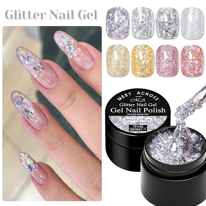 MEET ACROSS 9Pcs Glitter Gel Nail Polish Sliver Broken Gold Pink Flash Gel Polish Kit with Nail Brush, Soak Off UV LED Nail Art Salon & DIY Manicure at Home 8 Colors