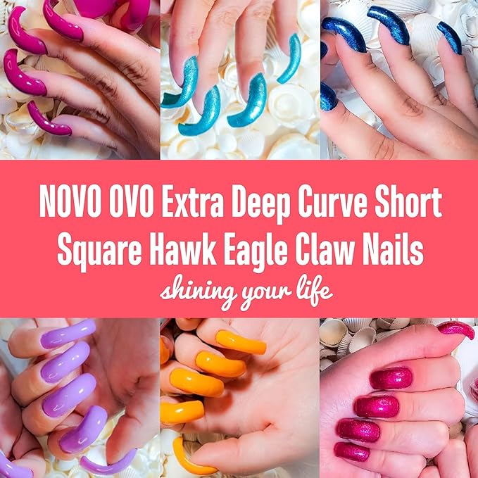 NOVO OVO Halloween 120 pcs Hawk Curved Transparent Clear Cystal Extra Super Extreme Deep Curve Half Cover Short Square Tapered Eagle Claw False Nail Extension Tips Acrylic Nail 10 Sizes in Box