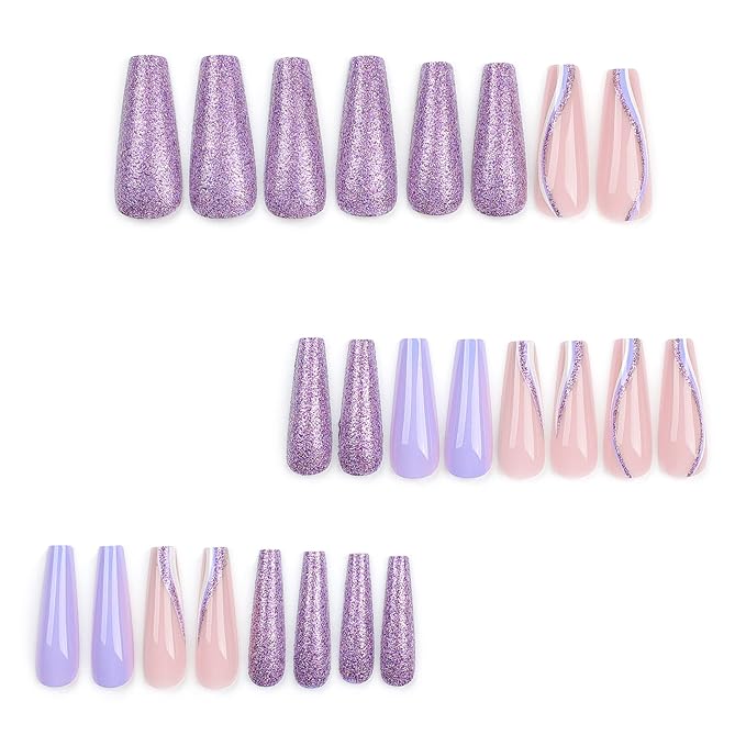 RTKHFZER Long Press on Nails Coffin Fake Nails Purple Glitter False Nails with Swirl Designs Nails Press Ons 24Pcs Glossy Long Full Cover Acrylic Stick on Nail for Women