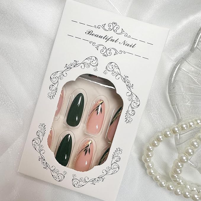 Green Press on Nails Short Almond Fake Nails with Designs Leaf False Nails Press ons Glue on Nails Glossy Full Cover Acrylic Nail Artificial Stick on Nail Manicure for Women 24Pcs