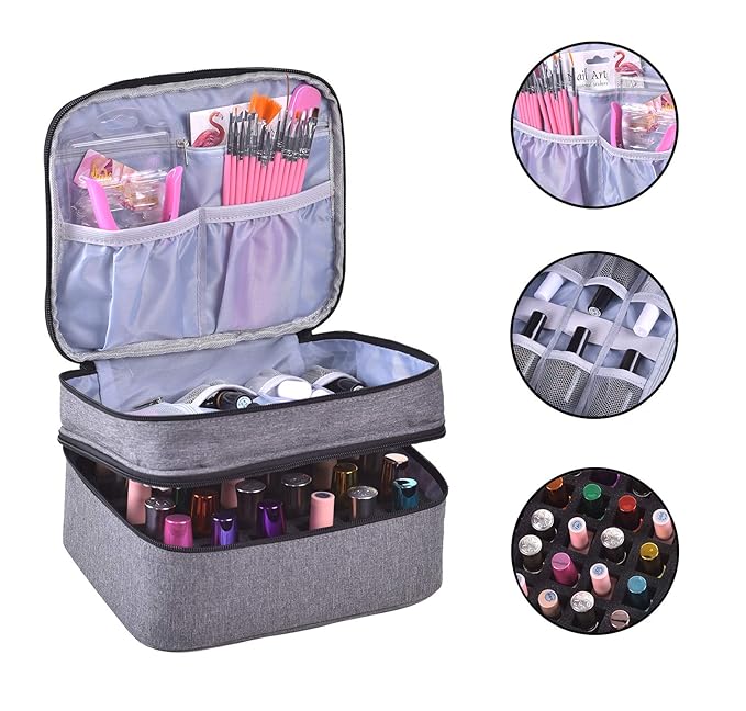 Nail Polish Organizer- Holds 30 Bottles Nail Supply Organizers and Storage Double-layer Nail Bag Organzier Case Nail varnish Organizer Nail Polish Storage Bag with Handle (Grey)