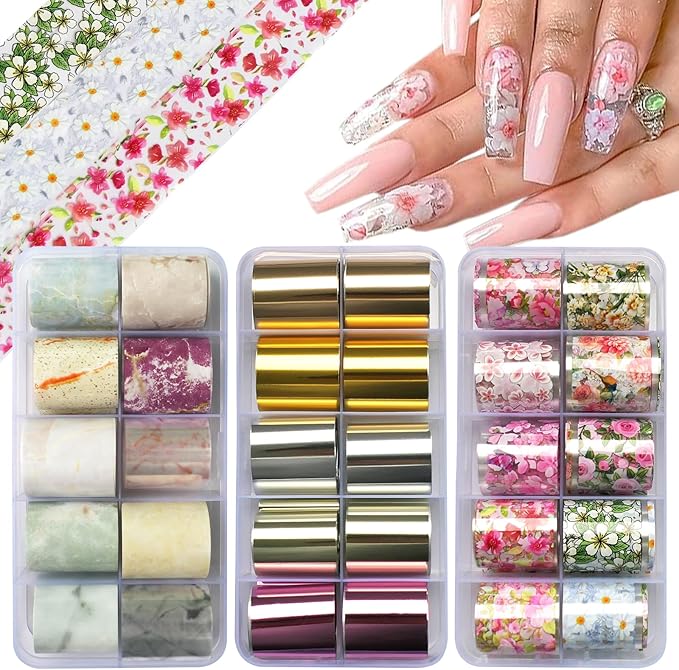 LoveOurHome 30 Sheet Metallic Nail Foils Sticker Marble Transfer Nail Foil Sticker Decals Flower Transfer Foils Stickers Wrap Gold Silver Foil Wraps Acrylic Nail Supplies for Crafts Nails Design