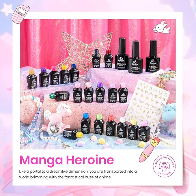 Beetles Gel Nail Polish Set - 20 Colors Pink White Black Yellow Red Glitter UV Led Gel Polish Kit with Nail Stickers Nail Rhinestones 3Pcs Base Top Coat Gift for Women Girls