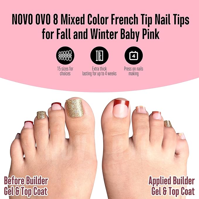 NOVO OVO Halloween Christmas Fall Autumn Colorful French Tip Toe Nail Tips Press on 8 MIXED WINTER COLOR, Sharp Square Toenail BABY PINK Toenail Extension, Full Cover Acrylic DIY x 15 Sizes 240 pcs