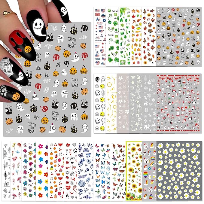 TailaiMei 24 Sheets Holiday Nail Stickers, Halloween, Christmas, Fall, Valentine Mixed All Seasons Variety Pack for Year-Round Seasonal Nail Art Decorations, Self-Adhesive Design Nail Decals