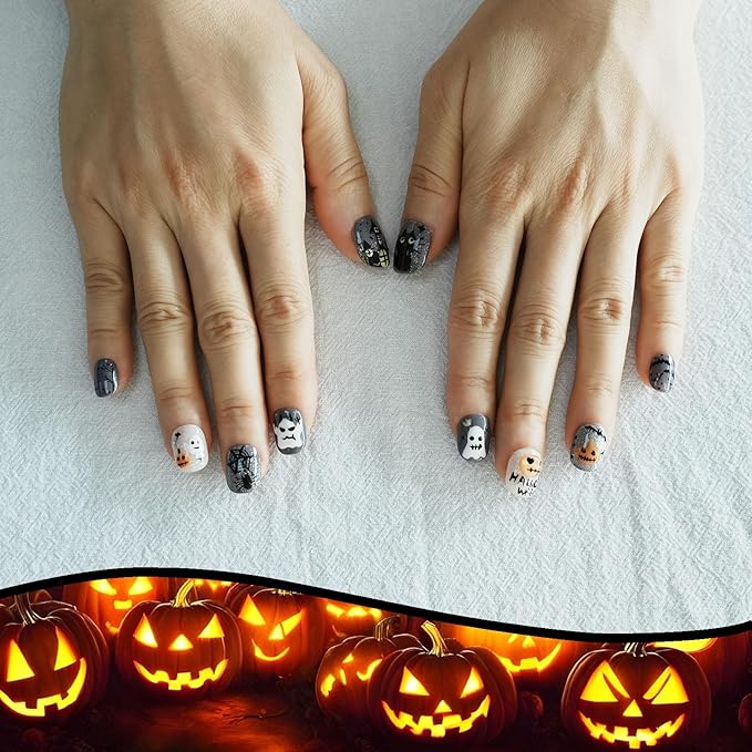 Nightmare Before Christmas Press On Nails Short Square – Glossy Grey Fake Nails with Pumpkin Ghost House Black Cat Design, Multi-Layer Gel Acrylic Nails (Autumn Haunted Story,M)