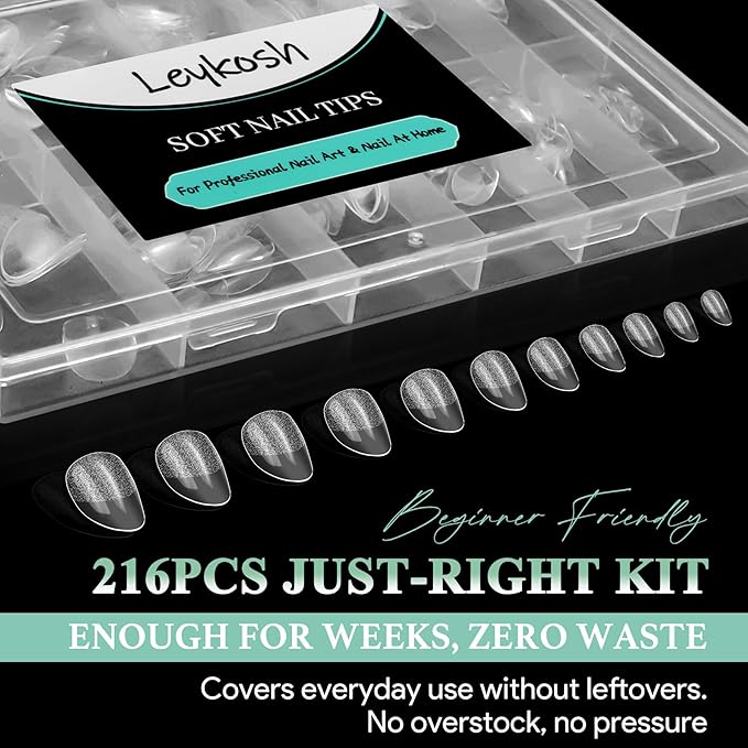 Extra Short Almond Nail Tips - 216pcs Soft Gel Full Cover Fake Nails, 70-Grit Pre-Sanded Matte Clear Press on Nails for Extension, DIY Home Manicure with 12 Sizes