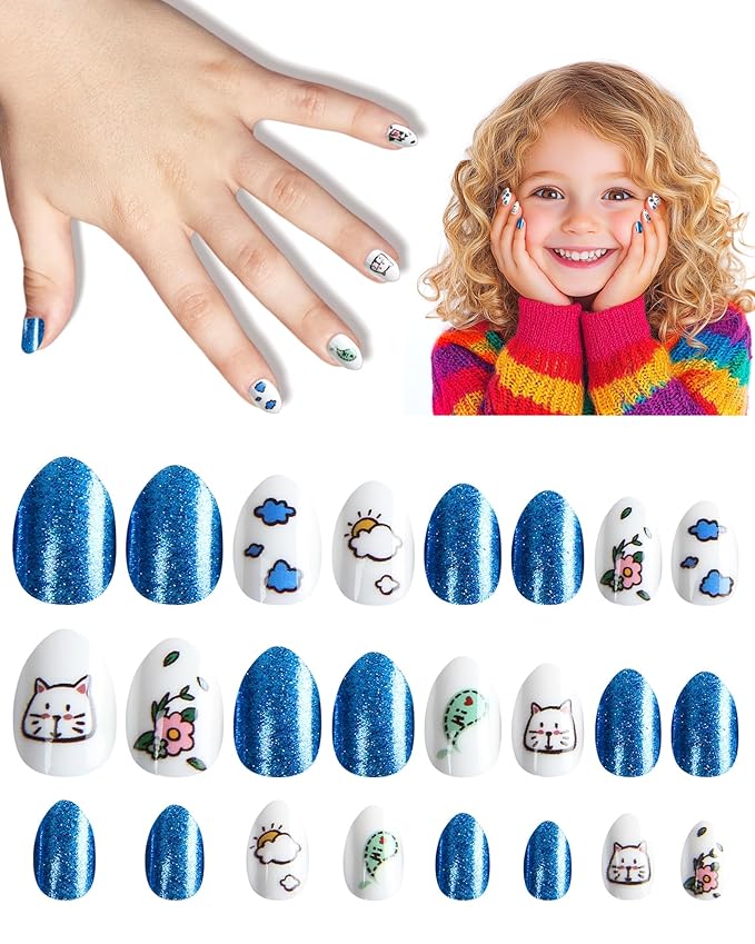 Cute Press on Nails for Kids,Girls Trendy Stuff Fake Nail Kit for Ages 5-12, Pre-glue Glitter Short Acrylic Nail Stick on Nails, Great for Girl Birthday Gifts, Parties&Makeovers Decoration