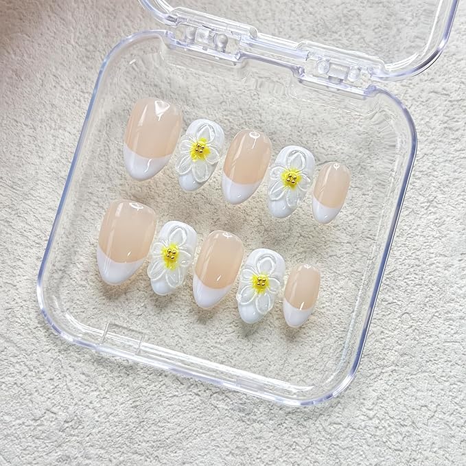 10 Pcs Luxury Handmade Nails with Glue, Almond Press on Nails Short French False Nails with 5D Flower Art Designs Handmade Nail Muti-Layer Gel Thick False Nails for Women(Size S)