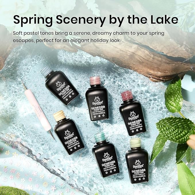 Beetles Spring Gel Nail Polish Set - 6 Colors Pastel Scenery By the Lake Soak Off UV LED Gel Polish Pink Green Yellow Drawing Swirl Shell Thread Effect Nails DIY Manicure Easter Gifts for Women