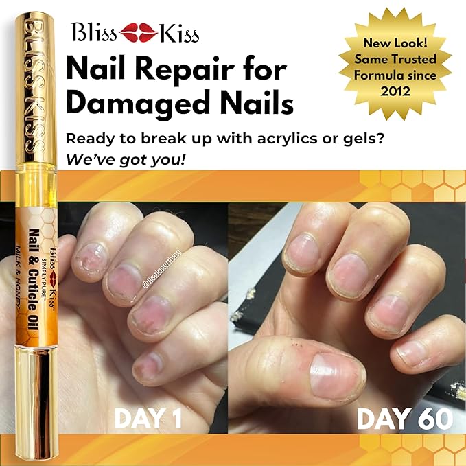 Bliss Kiss | 1 Milk & Honey | Nail Oil Cuticle Pen w/Vitamin E & Jojoba⏤Nail Strengthener Nail Growth Serum for Brittle Peeling Breaking Thin Nails