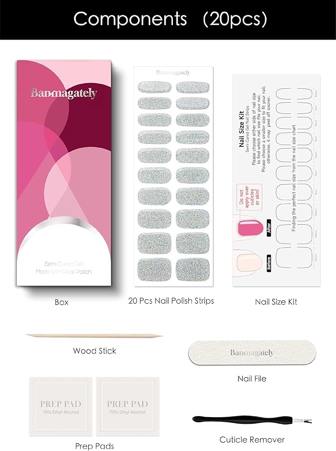 Semi Cured Gel Nail Strips, 20Pcs Long Lasting Salon Quality Wraps, Easy Apply & Remove Gel Nail Stickers with UV Light (Prismatic Silver)