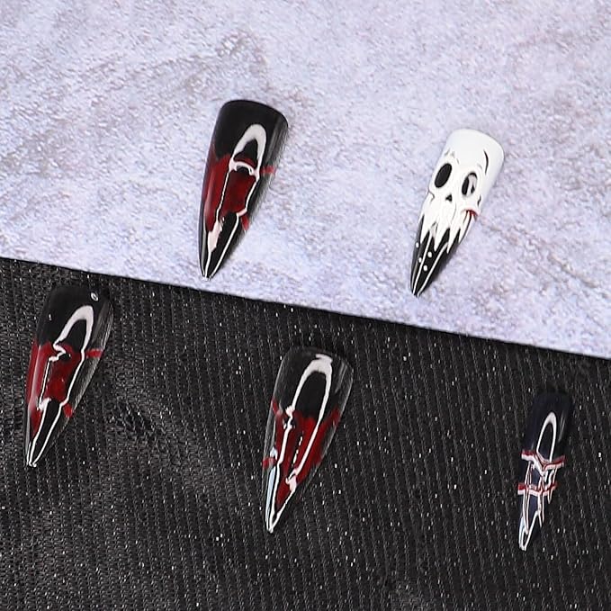 Long Stiletto Press on Nails - Halloween Fake Nails with White Skull & Demon Designs | 3D Acrylic Nail,Reusable | 12Size - 24Pcs with Jelly Glue,Halloween Decor