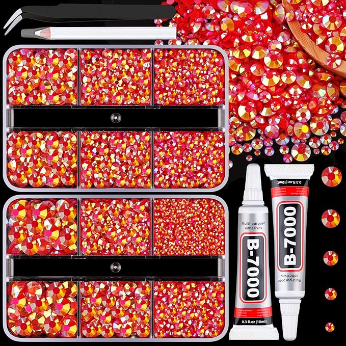 Resin Jelly Rhinestones for Crafting with B7000 Jewelry Glue, 2 Boxes Red AB Flatback Crystals with 2Pcs 10ml Glue, Bedazzling Non Hotfix Gems for DIY Tumblers Clothing Shoes Manicure