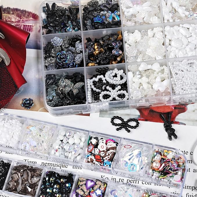 1400 Pieces 3D Butterfly Rose Flower Bow Rabbit Bear Nail Charms Kit with Nail Art Rhinestones Pearls Crystal Gems Nail Slices for Manicure DIY Crafts Jewelry Accessories (Black White)