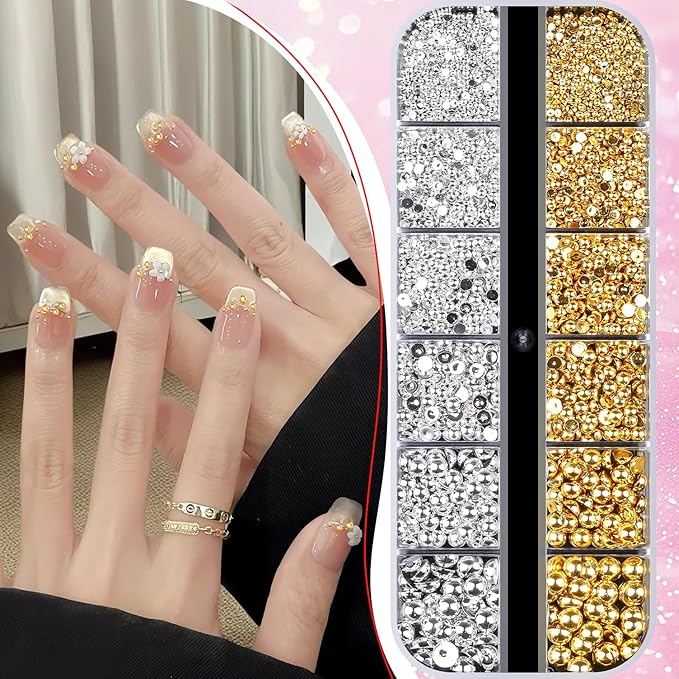 Gold and Silver Nail Charms and Gems, 1.5-5mm Half Round Flatback Nail Pearls Ball Beads Silver Gold Pearls for Nails with Pickup Pencil and Tweezers (12-K1-half-pearls-gold-silver)