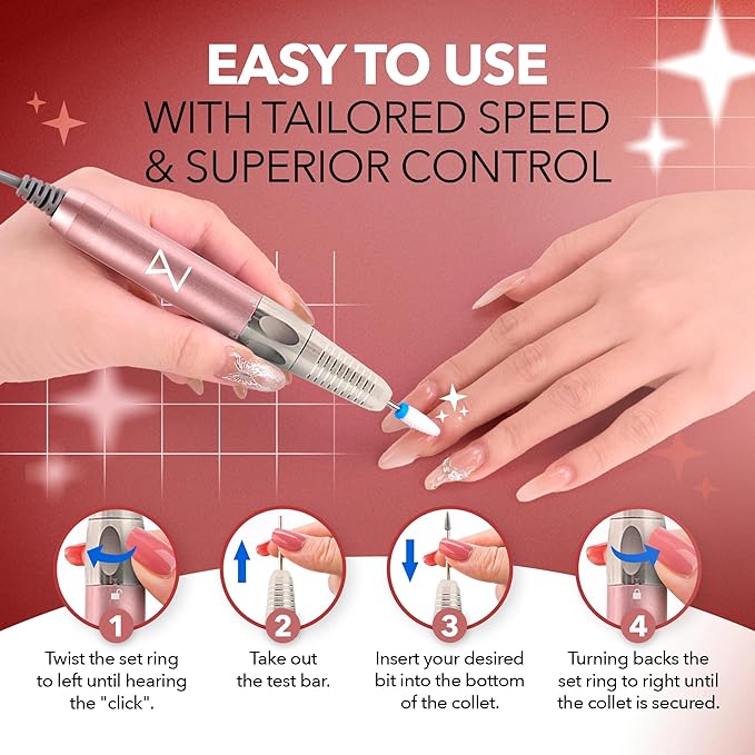 M Max - Nail Drill Professional - 2-in-1 Brushless Motor Nails Drill Machine - Electric, Cordless, Aluminium Alloy Casing, 35000 RPM, HD Display - Perfect for Salon & Home Use (Rose Gold)