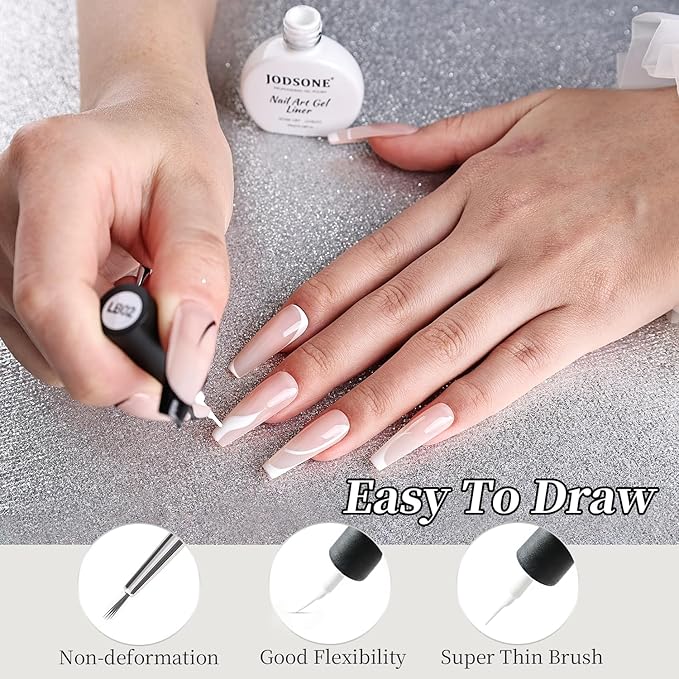 JODSONE White Swirl Nail Art Liner Gel Polish,10ml Classic Color 3D Nail Art Pens Effect Nail Print Design with Thin Brush for French Tips Manicure Painting DIY at Home - LB02