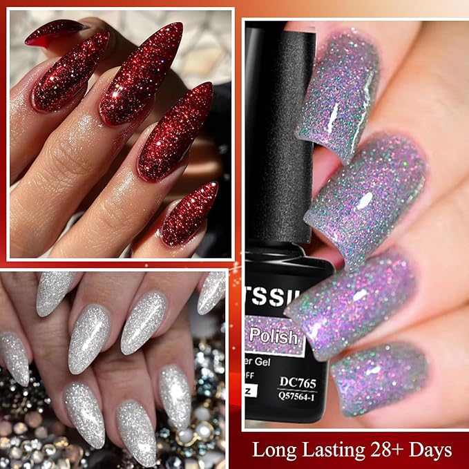 MTSSII Silver Light Purple Pink Blue Orange Red Glitter Gel Nail Polish Pink Purple and Red Series Gel Nail Polish Gel Set Gel Reflection Glitter Polish Kit for DIY Nail Art Women Gifts