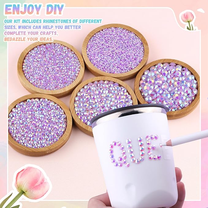 25000Pcs Lavender Purple AB Rhinestones for Bedazzling with B7000 Jewelry Glue, Non Hotfix Flatback Gems, Resin Rhinestones for Crafting Crafts Clothing Tumblers Mugs Shoes Fabric Decor Nail Art