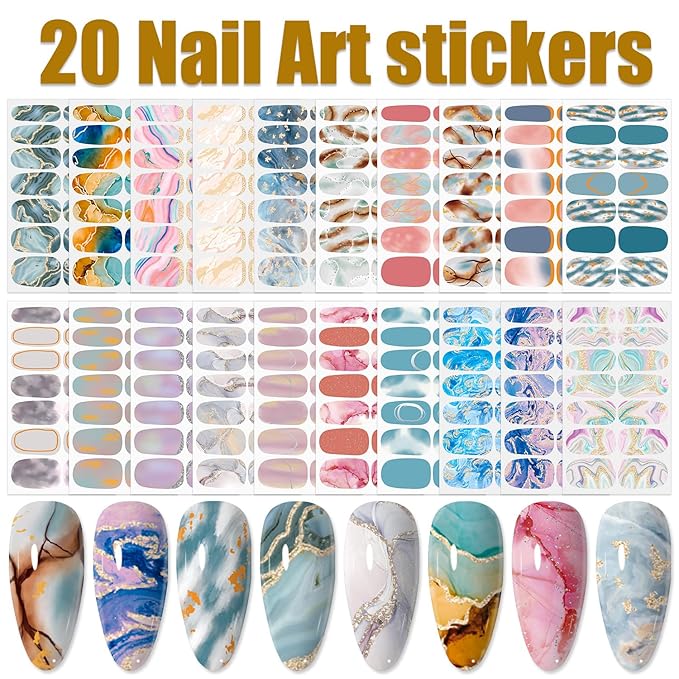 WOKOTO 20 Sheets 280 Pieces Marble Design Gradient Gel Nail Polish Strips, Full Wraps Stick On Press On Nails for Women Gradient Nail Art Gel Stickers Wraps, Easy Application, Salon Quality