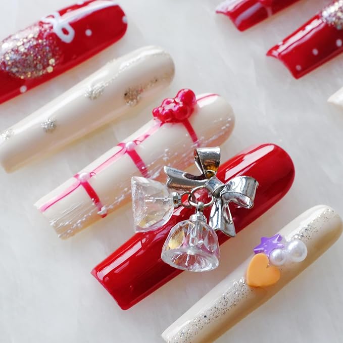 Christmas Press-On Nails, Long Coffin Shape, Red and White Holiday Design with Snowman and Bows, 10 Pieces (Medium, LS)