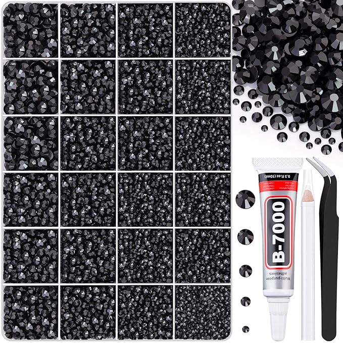 30000Pcs Black Rhinestones for Bedazzling with B7000 Jewelry Glue, Bedazzler Kit Flatback Gems, Resin Rhinestones for Crafting Crafts Clothing Shoes Fabric Nail Art Assorted Size 2/3/4/5/6mm