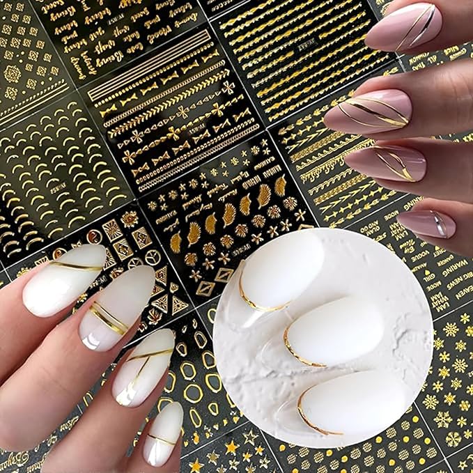 90 Sheets Gold Nail Art Stickers: Star Heart Flower Line, 3D Self-Adhesive Nail Decals for Women's Nail Decoration with Tweezer