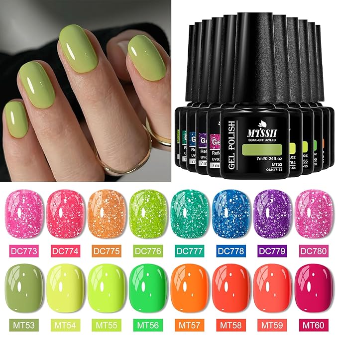 MTSSII Light Green Series Orange Red Pink Gel Nail Polish 18pcs Kit Pink Orange Green Blue Purple Glitter Gel Nail Polish Gel Set Gel Reflection Glitter Polish Kit for DIY Nail Art Women Gifts
