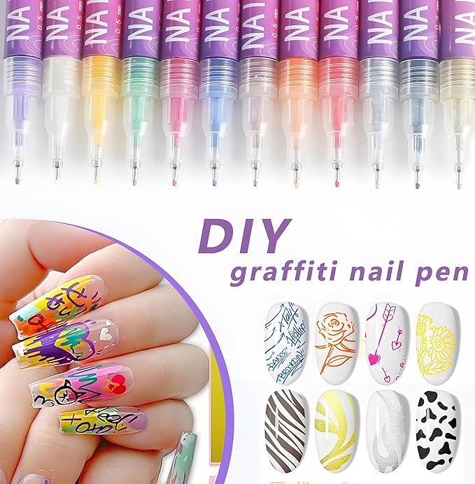 12 Colors Nail Art Pens, 0.5mm Fine Tip Nail Art Makers for DIY Nail Art, Detailing & Decoration, Intricate Line Drawing, Dotting & Nail Art, Salon Home Nail DIY Kit