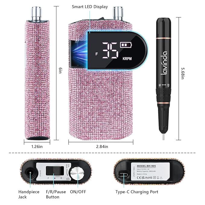 Professional Nail Drill Machine, Lavinda 35000RPM Electric Nail File for Acrylic Gel Nails, Cordless Portable Nail Drill Kit with Coreless Motor, Manicure Pedicure Shape Tools (Diamond, Pink)