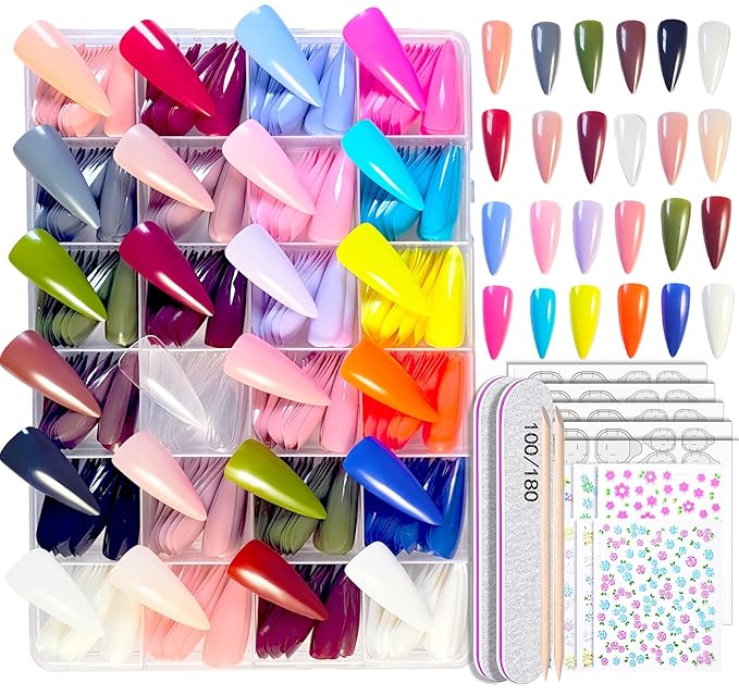 576 Pcs Long Almond Press On Nails, 24 Colors Glossy False Nails Full Cover Fake Nail Tips with Adhesive Tabs & 10 Nail Stickers for Woman DIY Nail Art Practice & Daily Wear