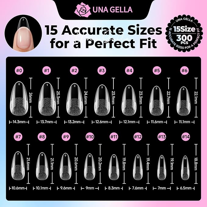 UNA GELLA Almond Nail Tips Medium 15 Sizes 300PCS Pre-Etched Gel Acrylic Nail Tips Almond Shape Easy Salon Press On Nails Long-Lasting Hold Full Cover Fake False Nails Snug Fit