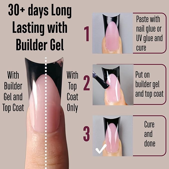 Black French Tip Duck Feet Nail Tips Full Cover for Press on Acrylic with Moon Curve, BERRY PINK Extra Thick Medim Long, Flare Wide Soft Gel Fake False Nail Extension x 15 Sizes 150 pcs