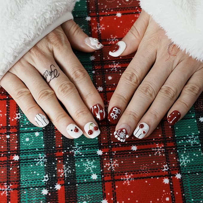 Handmade Press on Nails Short Oval with 3D Festive Design, Kawaii Reindeer & Snowman Holiday Set - Winter White Red Base Cute Multi-Layer Gel False Nails (Cute Snowman,M)
