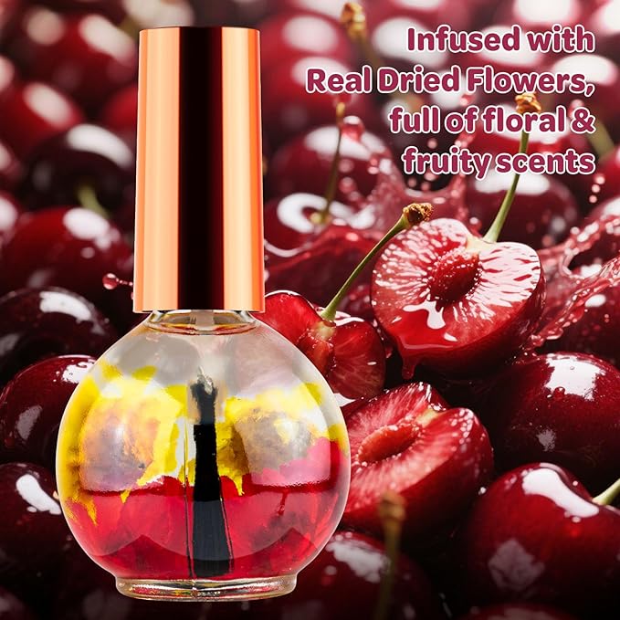 JIASHENG Cuticle Oil, Cherry Scented Cuticle Nail Oil Infused with Real Flowers, Hydrates, Moisturizes, Strengthens, Repairs, Revitalizing Cuticle Oils for Nails Damage Dry Cuticle, 15ml