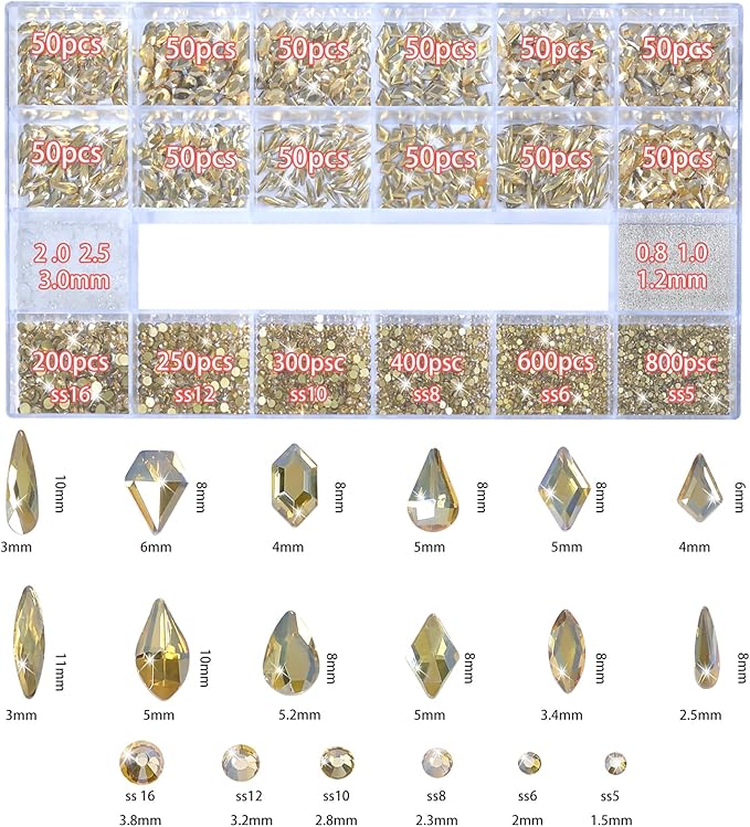 Nail Charms and Gems - 5000 Pcs, 20 Types, 20 Sizes, with Kit, Nail Rhinestones, Faux Pearls, Beads, for Nail Art (Champagne Gold)