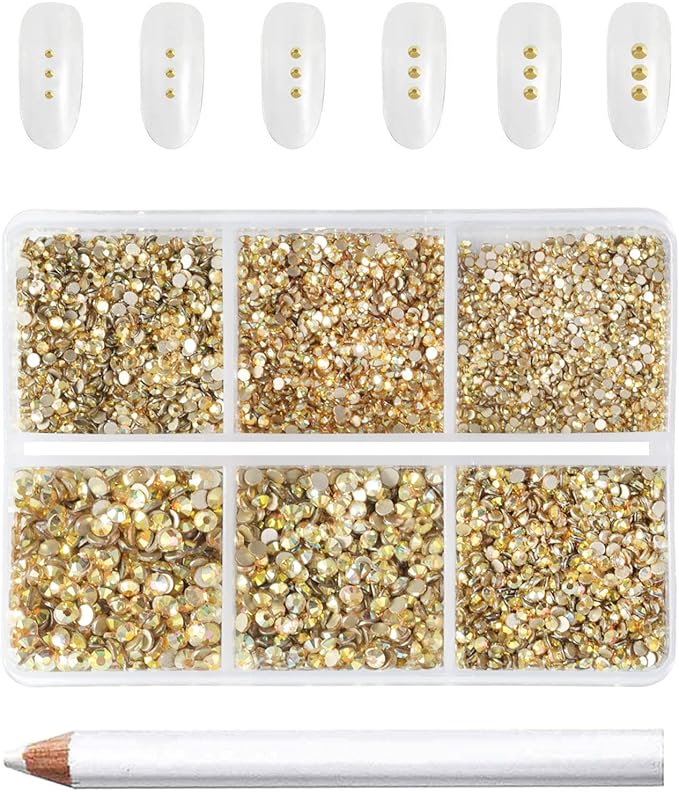 Beadsland 7200pcs Flatback Rhinestones,Gold Rhinestone Nail Gems Round Crystal Rhinestones for Crafts,Mixed 6 Sizes with Wax Pencil Kit, SS3-SS10,Metal Sunlight