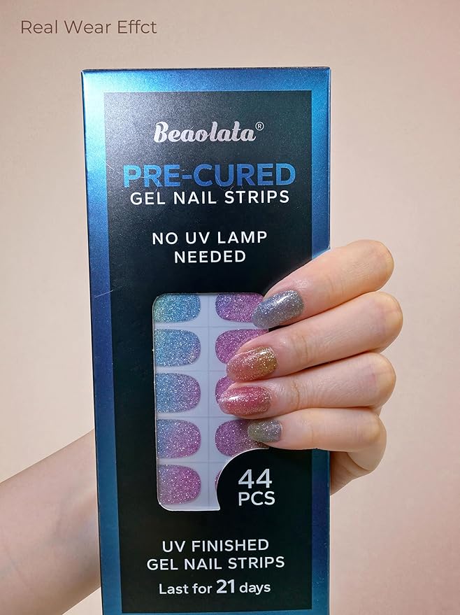 Real Gel Nail Strips (No UV Light Needed) - 44Pcs Salon Quality Nail Stickers - Long Lasting Polish Wraps for Women, Easy Apply & Remove (Unicorn Magic Green)