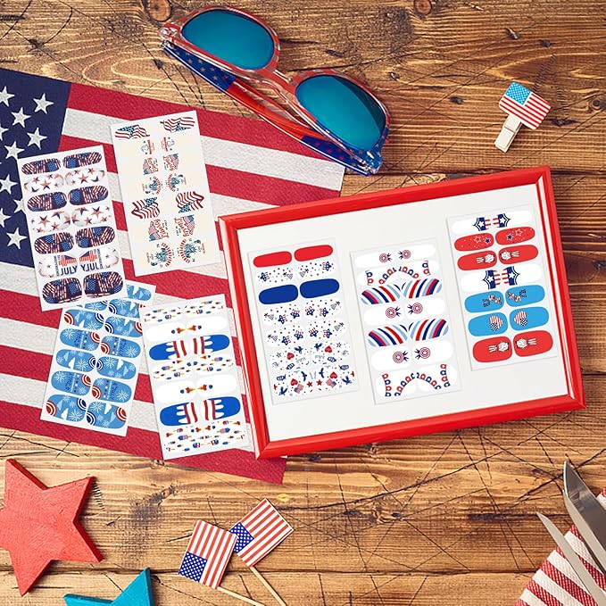 DANNEASY 24 Sheets Independence Day Nail Polish Stickers 4th of July Nail Wraps for Women Self Adhesive Nail Polish Strips Fingernail Stickers Stick on Nails with Nail File, Cuticle Stick
